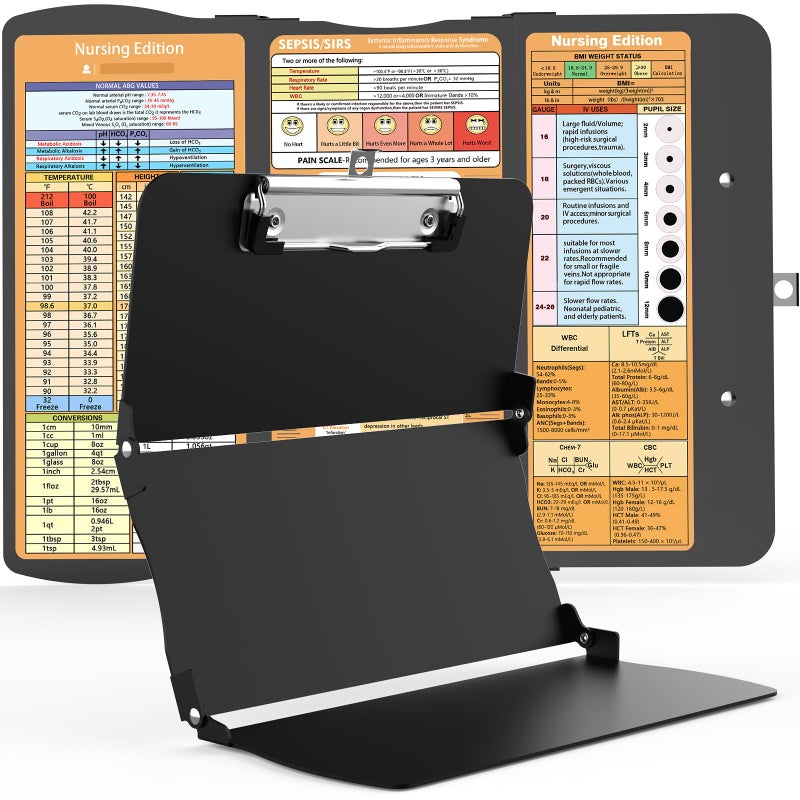 Cooperwin Nursing Clipboard Trifold Foldable  3 Layers Aluminum Nurse Clipboards with Nursing Edition Cheat Sheets  Folding Pocket Size for Students Nurses Doctors - Black - Image 1